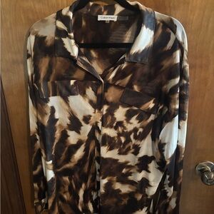Calvin Klein Brown and Cream Patterned Button-Front Blouse